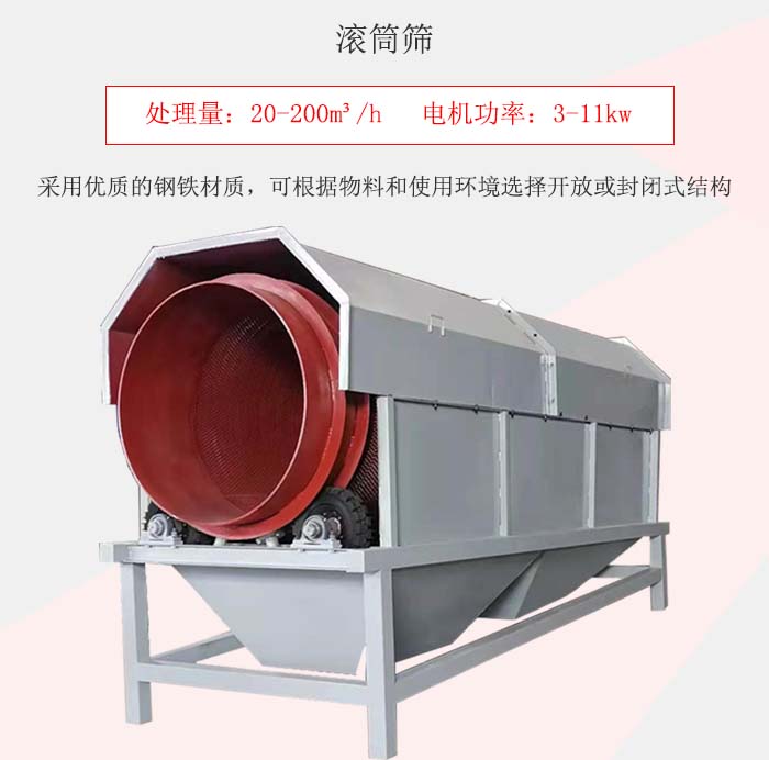 滾筒篩采用優質的鋼鐵材質，可根據物料和使用環境選擇開放或封閉式結構