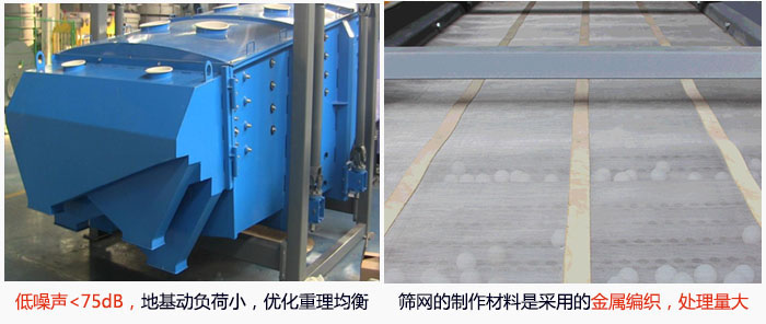 方形搖擺篩采用低噪聲<75dB，地基動負荷小，優化重理均衡；篩網的制作材料是采用的金屬編織，處理量大。