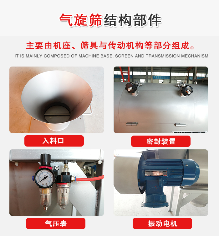 氣旋篩結(jié)構(gòu)：入料口，密封裝置，電機，氣壓表等