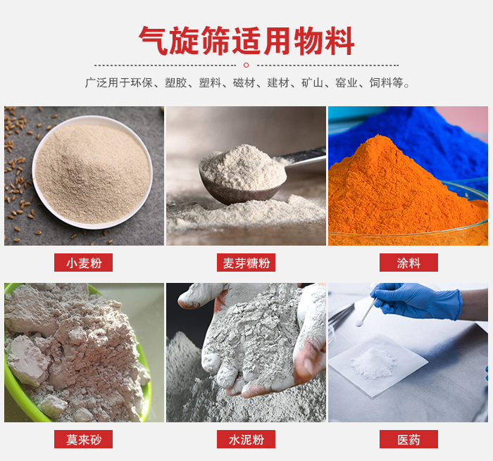 氣旋篩適用物料：小麥粉，麥芽糖粉，涂料，等粉狀物料。